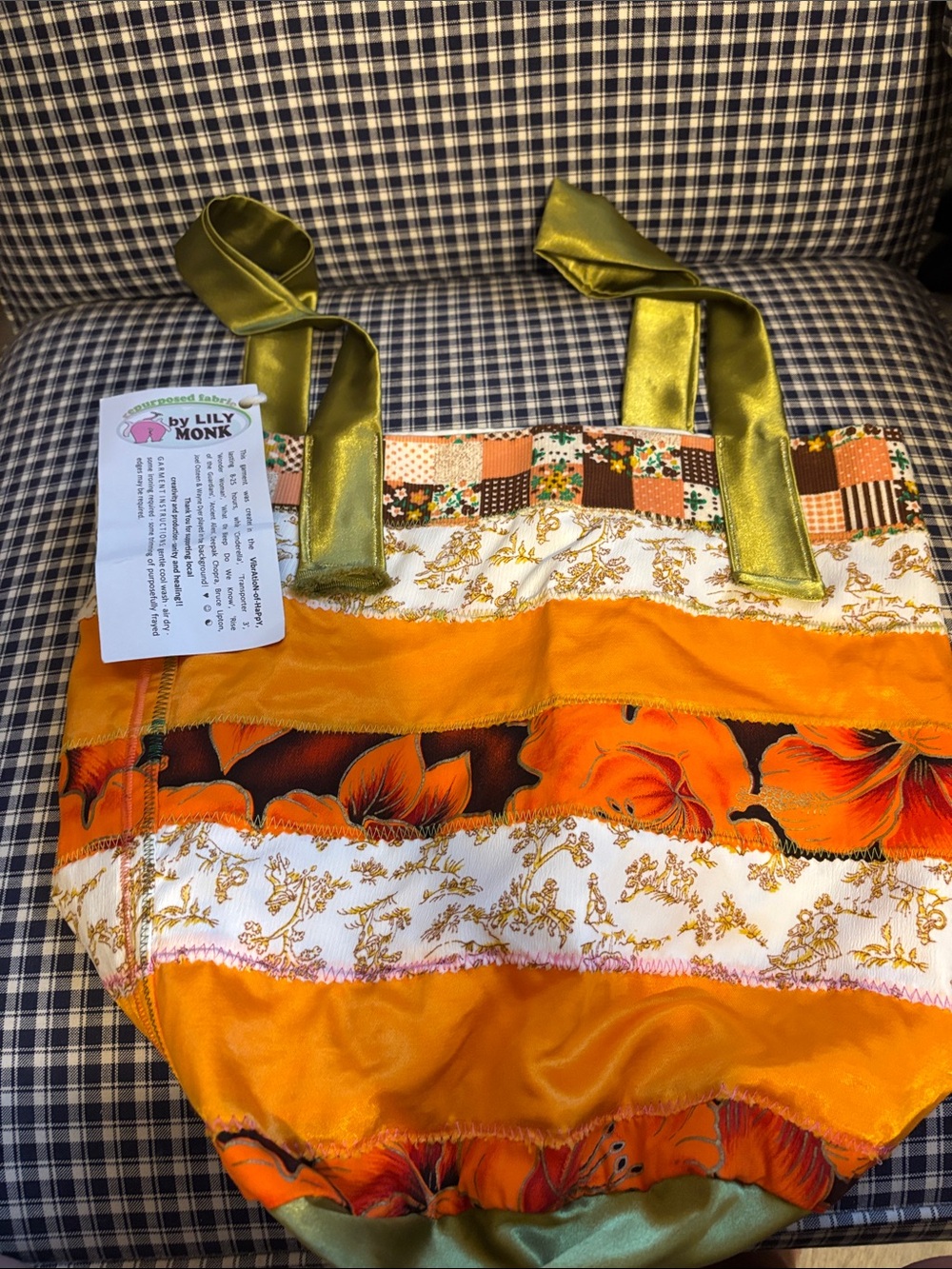 Vibrant Orange Floral handmade Patchwork Tote with Olive Satin Handles